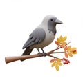 Gray and White 3D Rendered Crow Perched on Autumn Branch Royalty Free Stock Photo