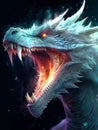 A gray-white fire-breathing dragon opens its mouth on a dark background