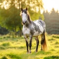 Gray and white piebald horse in the field with beautiful sunset