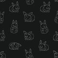 Gray white repeat seamless pattern of rabbits with different emotions. Happy unhappy wondered in love and sad bunnies. Chalk