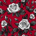 Gray white roses pattern seamless with black leafs on red background, vector repeat tile flower Royalty Free Stock Photo