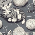 Gray And White Striped Kitten Playing With Ball Of Yarn. Infinite, Seamless Backgrounds. Generative AI Royalty Free Stock Photo