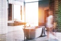 Gray and white wood bathroom corner, woman Royalty Free Stock Photo