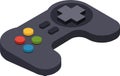 Gray wireless gamepad with colorful buttons and directional pad shown in isometric projection, representing gaming