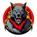 A gray wolf mascot with menacing red eyes and sharp fangs, embodying strength and ferocity, Werewolf Logo, Vector Illustration