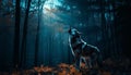 Gray wolf sitting in tranquil autumn forest, howling at night generated by AI Royalty Free Stock Photo