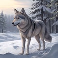 Gray wolf is standing on a snowy field. Winter realistic illustrator landscape. A gray wolf standing in a mountain valley with Royalty Free Stock Photo