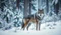 A gray wolf standing in a snowy forest with snow-covered trees in the background Royalty Free Stock Photo