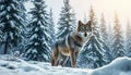 A gray wolf standing in a snowy forest with snow-covered trees in the background Royalty Free Stock Photo
