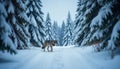 A gray wolf standing in a snowy forest with snow-covered trees in the background Royalty Free Stock Photo