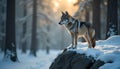 A gray wolf standing in a snowy forest with snow-covered trees in the background Royalty Free Stock Photo