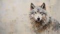 Minimalistic Impasto Painting Of Grey Wolf On Beige Background