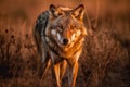 Gray wolf walked in the meadow or steppe. Generative AI