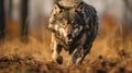 Intense Action: Gray Wolf In Field With Open Mouth