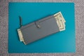 Gray womens wallet with banknotes. Dollar bills. Dollars in a wallet Royalty Free Stock Photo