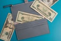 Gray womens wallet with banknotes. Dollars in a wallet. Royalty Free Stock Photo