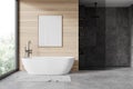 Gray and wooden bathroom with tub, shower and poster Royalty Free Stock Photo