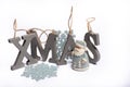 Gray wooden decorative letters X M A S with snowflakes copy space isolated white background, Christmas holidays postcard concept Royalty Free Stock Photo