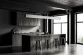 Gray and wooden kitchen corner with bar and windows Royalty Free Stock Photo