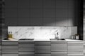 Gray and wooden kitchen with cupboards, close up