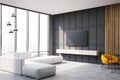 Gray and wooden living room tv set and sofa side