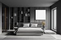 Gray and wooden master bedroom interior with poster Royalty Free Stock Photo