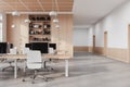 Gray and wooden open space office interior with doors Royalty Free Stock Photo