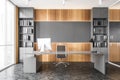 Gray and wooden panoramic CEO office interior Royalty Free Stock Photo