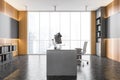Gray and wooden panoramic CEO office, side view Royalty Free Stock Photo