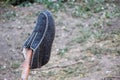 Gray wool shoe hanging on a fence, drying shoes Royalty Free Stock Photo