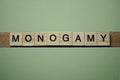 Gray word monogamy made of wooden square letters