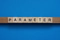 Gray word parameter in small square wooden letters