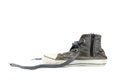 Gray worn sneaker with textile untied laces