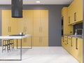 Gray and yellow kitchen with bar, side view Royalty Free Stock Photo