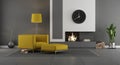 Gray and yellow modern living room with fireplace