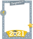 Gray and yellow photo frame poster with stars of graduation celebration with cap and gown for photoboth