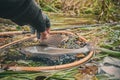 Grayling is caught on a forest stream. Fly fishing and tenkara Royalty Free Stock Photo