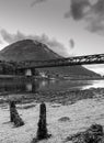 Grayscale of Ballachulish Bridge with old ferry ramp