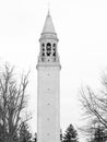 Grayscale of the Bell tower at the Nemours Estate