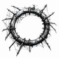 Grayscale Circular Frame of Twigs and Thorns with Cobwebs on White Background Royalty Free Stock Photo