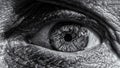 Grayscale closeup macro shot of the details of a human eye with a small pupil