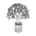 grayscale contour with light bulb base with leafy tree Royalty Free Stock Photo