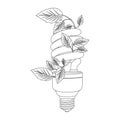 grayscale contour with spiral fluorescent bulb with creeper plant