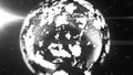 A grayscale digital representation of Earth with abstract pixelated details, creating a futuristic and high-tech