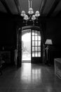 Grayscale of a hallway with a half-open door
