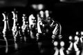 Grayscale high-angle shot of a Chess board with the pieces on top facing each other