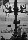 Grayscale high angle shot of the famous People's square in Rome with the shadow of the obelisk