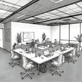 A grayscale illustration of a modern office space featuring multiple workstations with Royalty Free Stock Photo