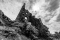 Grayscale image of the Carn Galver Mine ruin in Cornwall, England