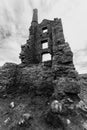 Grayscale image of the Carn Galver Mine ruin in Cornwall, England